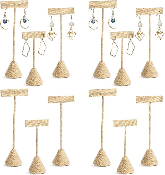 Marsui 12 Pcs Earring Display Set Earring T Bar Display Earring Holders with 3 Heights Earrings Display Stand for Jewelry(Linen Color)