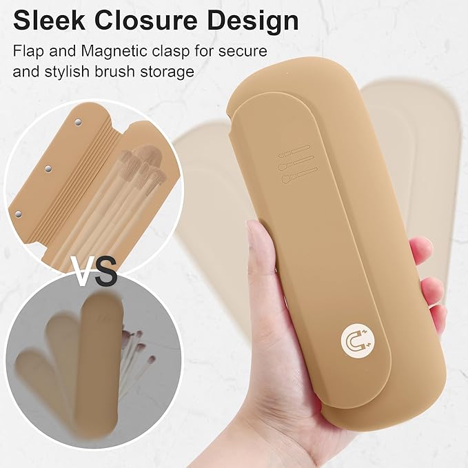 Silicone Travel Makeup Brush Holder for Women with Magnetic Closure and Built-in Brush Cleaner, Washable Cosmetic Organizer, Gift-Ready Pouch, Khaki