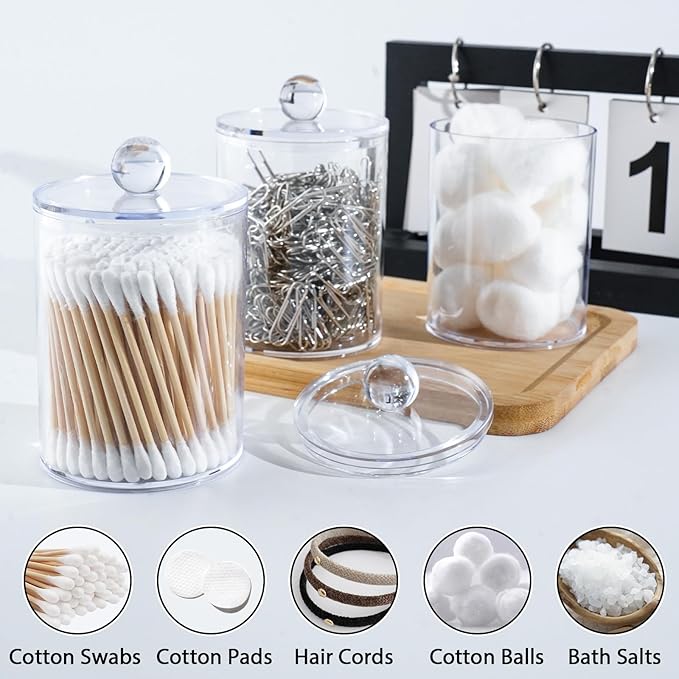 2 Pack Qtip Holder,Canister Apothecary Jar Set, Bathroom Jars with Lids Set for Cotton Swabs, Balls, Pads, Floss Picks,10oz-12oz Plastic Canisters Restroom Bedroom Vanity Organizer(Clear)