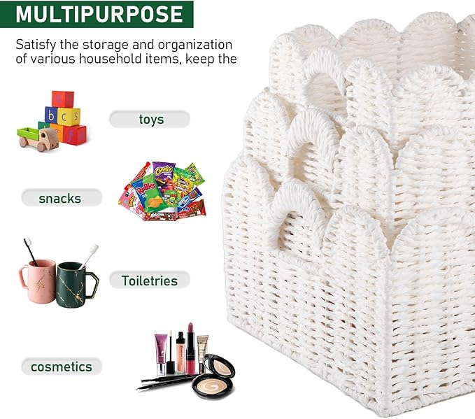 OIAHOMY Scalloped Wicker Baskets, Hand-woven Storage Baskets with Built-in Handles, Paper Rope Shelf Baskets for Organizing and Decoration, Set of 3-White