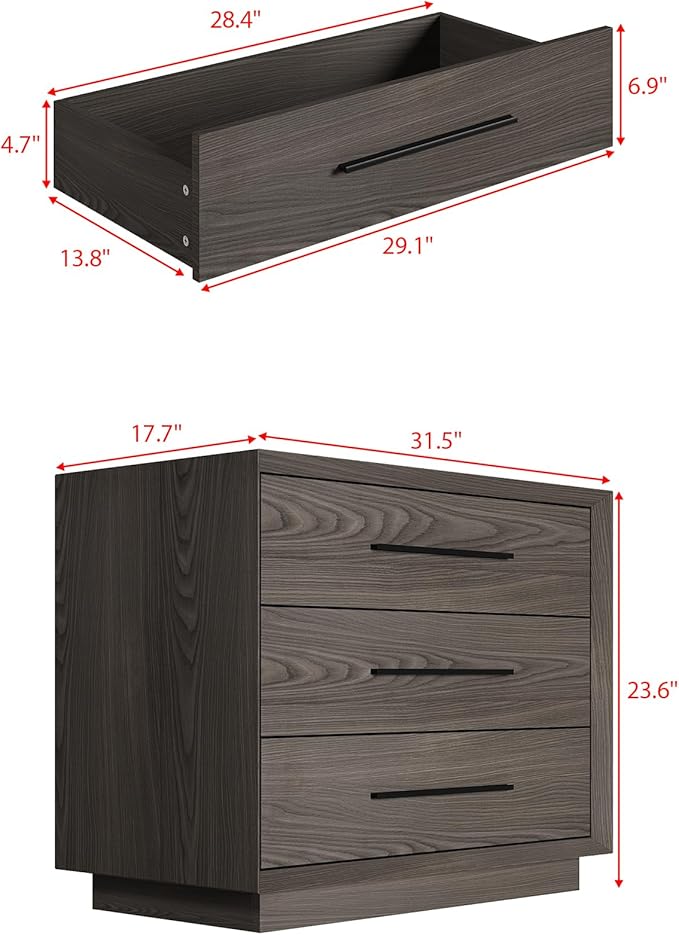 Bedside Table with 3 Drawers, Modern Side Table, Small Nightstand, Wooden Bed Side Tables, Wood Grain Floor Storage Organizer with Metal Handles for Sofa Couch Bedroom, Dark Brown