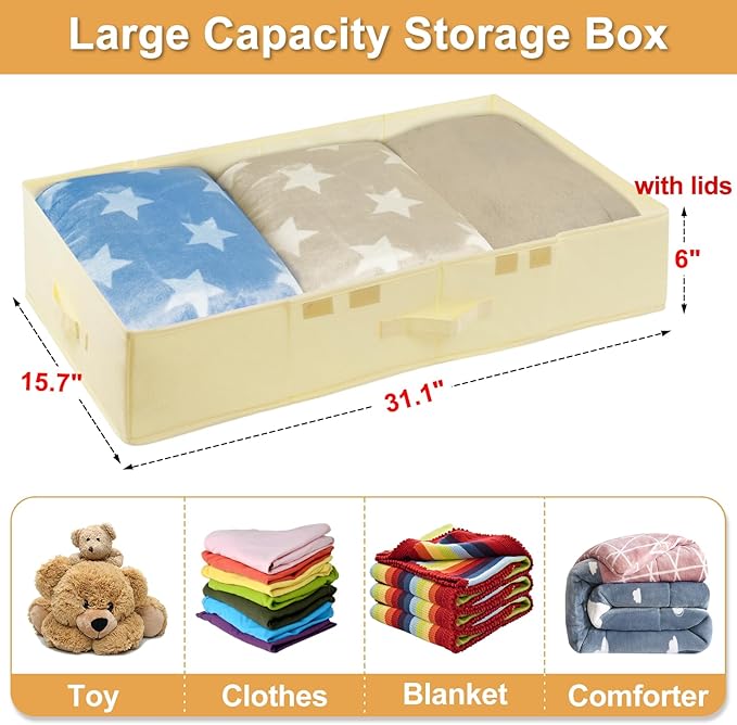 Large Underbed Storage Bags Organizer Container With Lids, Set of 2 Under Bed Storage Organizer Box With Handle, Fabric Under The Bed Storage Bins for Blanket Pillow Comforter & Quilt Wrapping Paper