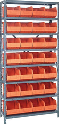QUANTUM STORAGE SYSTEMS 1875-463OR Solid Heavy Duty 8 Shelves 28 Stackable Shelf Bins Orange Bins 75" H x 36" W x 18" D