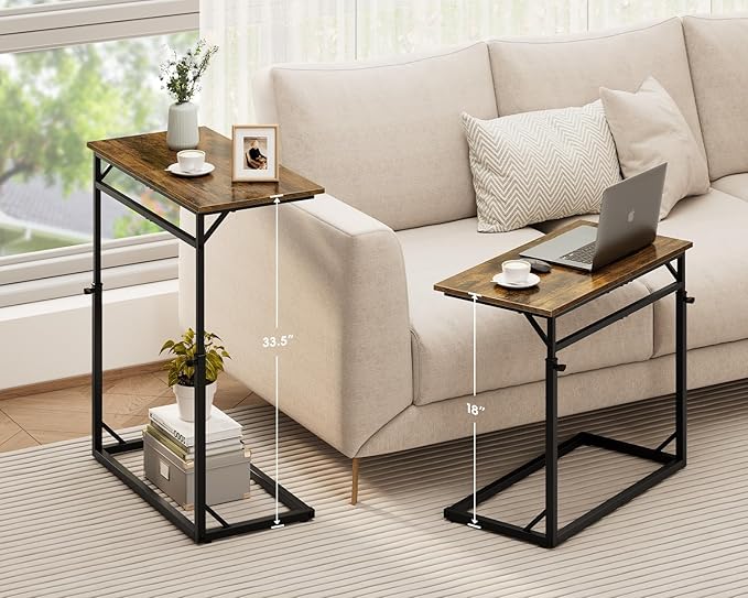 Vagusicc C Shaped End Table, Tall Side Table for Couch, C-Table End Table Adjustable Height Side Tables, Large Surface Sofa Tables TV Tray, Slide Under Couch Tables for Sofa, Living Room,Bedroom,Brown