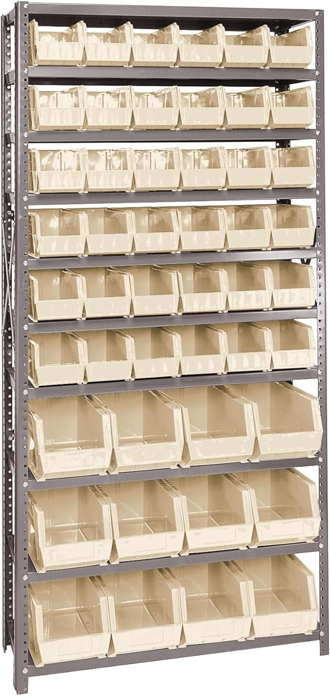 Quantum Storage Systems QSBU-230240IV Giant Open Hopper Steel Shelving System, 12" D x 36" W x 75" H, with 10 Shelves and 36 QUS230 and 12 QUS240 Bins, Ivory