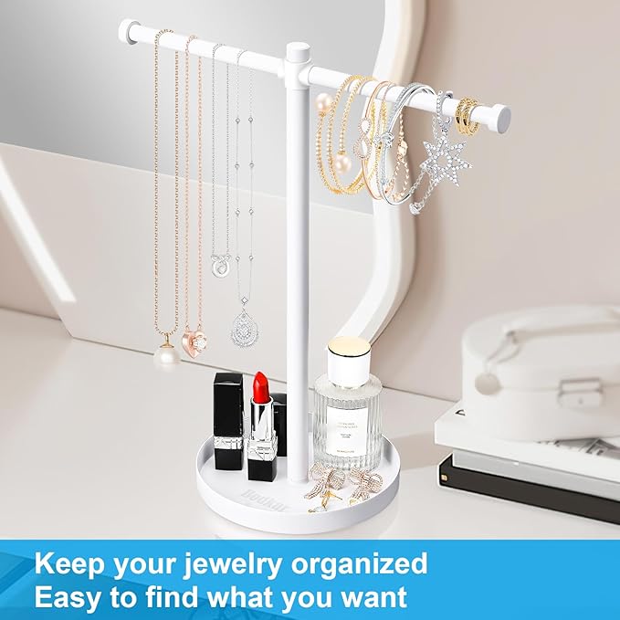 Jewelry Necklace Organizer Stand,12.9" Tall Sturdy Metal Jewelry Stand with Round Tray for Bracelet Bangles Holder Display,Long Necklace Organizer Holder (white)