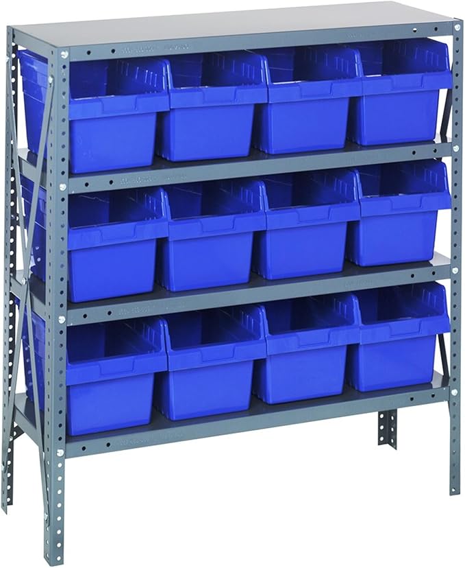 Quantum 1839-SB808BL Heavy Duty Shelving Unit with (4) Shelves and (12) QSB808 Blue Bins for Garage Warehouse Storage Distribution | 400 lb Load Capacity | 12"D x 36"L x 39"H, Galvanized Carbon Steel