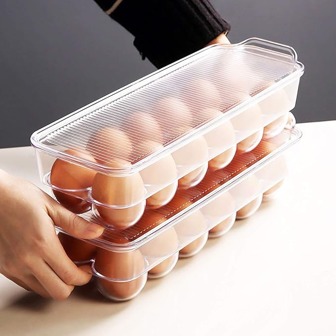 JAMOR 12 Grid Egg Storage Box Refrigerator Egg Rack Tray With Lid, Stackable Egg Rack, Transparent Egg Storage Box, BPA-Free (B)
