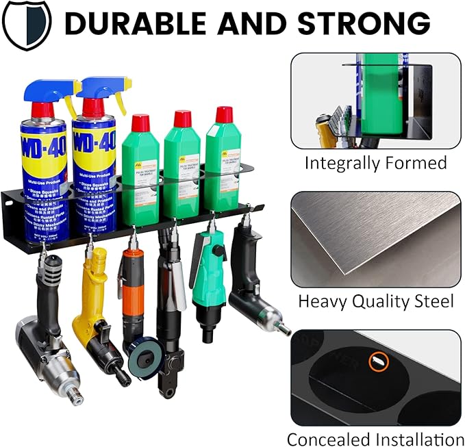 UNITEDPOWER Pneumatic Tool Holder/Aerosol Rack Combo, Wall Mounted Spray Can Bottle Holder, Air tool organizer, for Garage and Workspace, 5 Cans and 6 slots