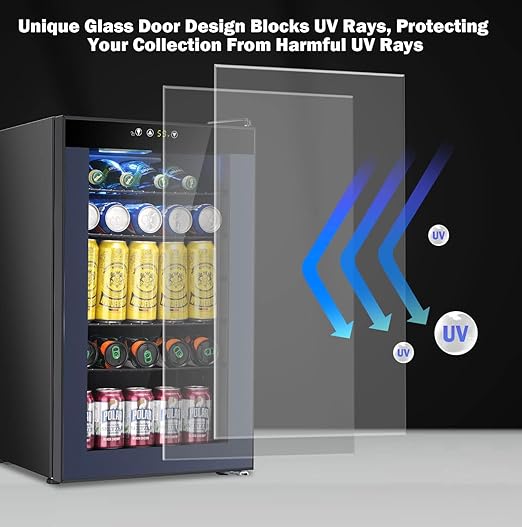 COWSAR Mini Fridge Cooler, 95 Can Beverage Refrigerator with Glass Door, ETL Approved Wine Fridge with Digital Temperature Control, LED Light for Home, Office, Bar, and Game Room - 2.6 Cu.Ft. Black