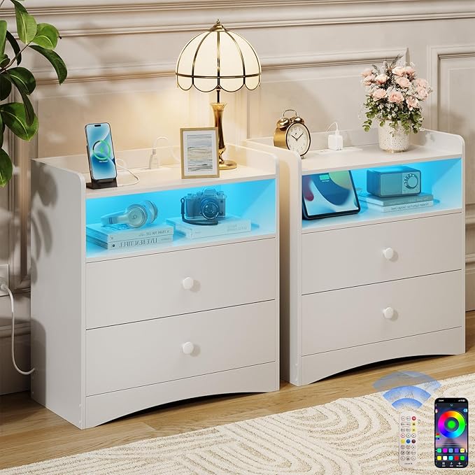 2 Pack Nightstand with Charging Station and LED Light, Modern Nightstand with USB Ports and Outlets, Wood Bedside Table with 2 Storage Drawers, Small Dresser for Bedroom Small Space, White