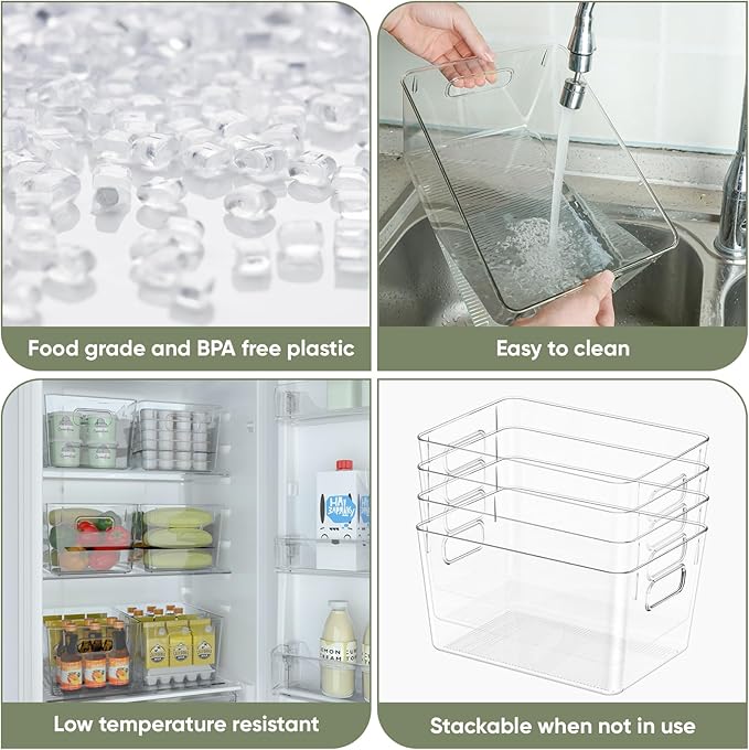 BALEINE Clear Plastic Storage Bins, Pantry Organization, BPA Free Stackable Refrigerator Organizers and Storage with Handles for Kitchen Fridge Cabinet Bathroom (6PK, 11x7.5x6)