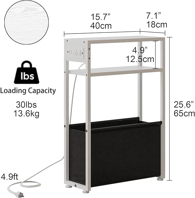 White Side Table with Charging Station, Slim End Tables with Fabric Basket, Skinny Table for Small Spaces, Thin Bedside Table for Living Room, Bedroom
