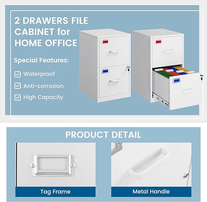 2 Drawer File Cabinet with Lock, 25.4" High Vertical Filing Cabinet, 17.7" Deep Metal Storage Cabinets for Home Office, Letter/Legal/A4/F4 Size, White(Assemble Required)
