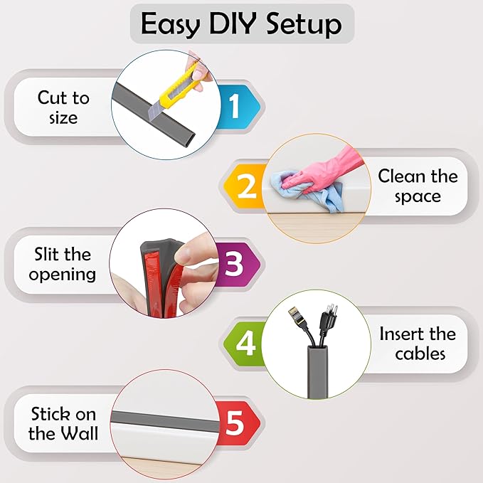 Rubber Bond TV Cord Hider Cable Protector - Strong Self Adhesive Wall Cord Cover Cable Hider - Low Profile Cable Management Wall Cord Concealer Cable Raceway (Grey, 6 Feet)