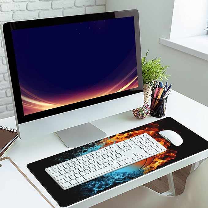 Gaming Mouse Mat Basketball Ball in Fire and Water Large Mouse Pad Extended Mouse Pad Desk Mat Non-Slip Rubber Base Mice Pad Desk Pad for Office Game Home 35.4x15.75 in