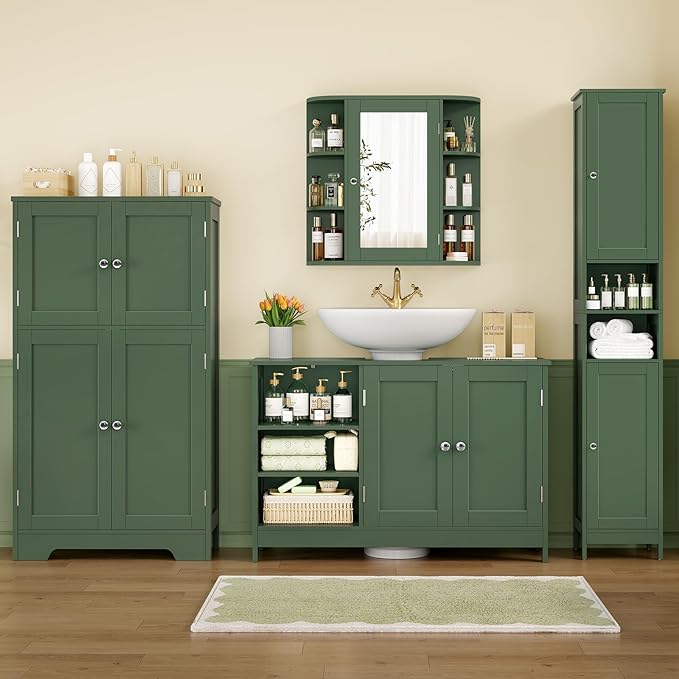 TEENFON 35.4" Pedestal Sink Storage Cabinet with 2 Doors and Adjustable Shelves, Bathroom Sink Cabinet, Under Sink Storage with U-Shape Cut-Out, Green UNYSG034V