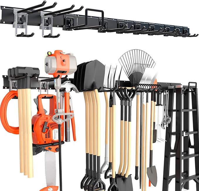 64 Inches Garage Storage, Garage Organization, Wall Mount Garden Tool Organizer, Max 620lbs Adjustable Metal Hooks, Yard Shed Rack, Tool Holder for Hanging Rake Broom Mop Snowboard