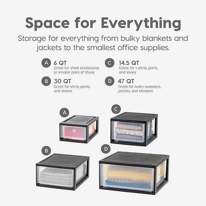IRIS USA 14.5 Qt. Plastic Drawer Storage Organizer Stacking Drawers, 3-Pack, Stackable Unit with Sliding Drawer for Clothes Bedroom Kitchen Under Sink Pantry Craft Room Bathroom Dorm Office, Black