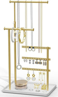 Jewelry Holder Organizer Stand - Adjustable Tall 17.5" (Max), Sturdy Jewelry Hanger for Necklaces, Earrings, Bracelets, Rings, Jewlery Display and Storage, Gold and White, Metal