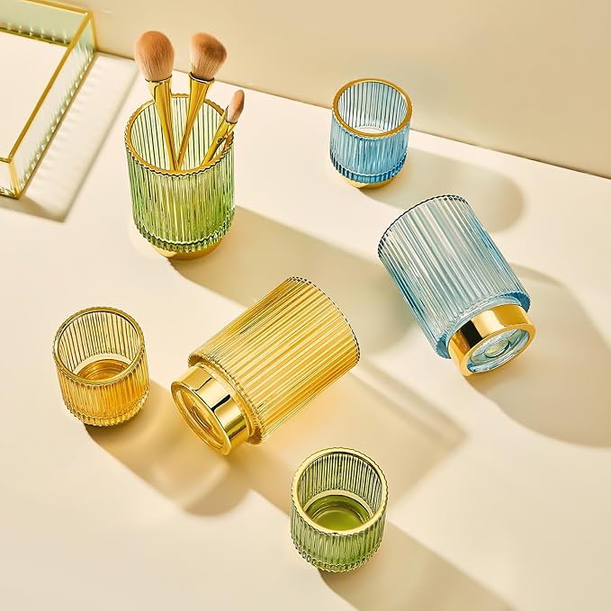 Makeup Brush Organizer, Toothbrush Holder, Desk Pen Pencil Holder, Multifunctional Vintage Glass Brush Cup (S/Blue/A3-13-US)