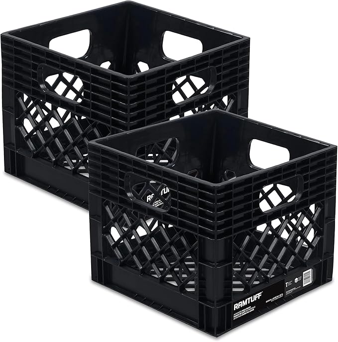 Ramtuff 2 Pack Storage Milk Crate, Durable Plastic Home Organizers, Stackable Box Set with Reinforced Handles, 250 lb Load Capacity, Black