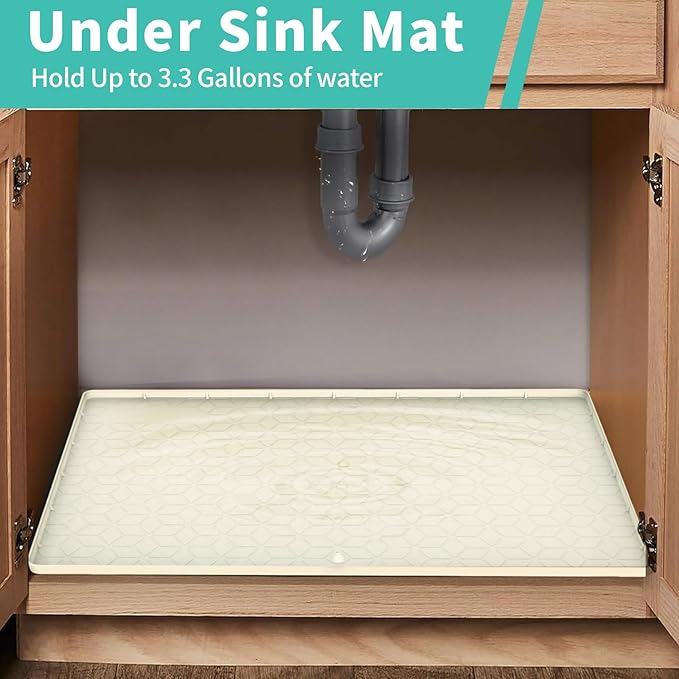 Under Sink Mat, 28"x22" Under Sink Mats for Kitchen, Silicone Waterproof Under Sink Liner, Sink Cabinet Organizer Tray with Drain Hole
