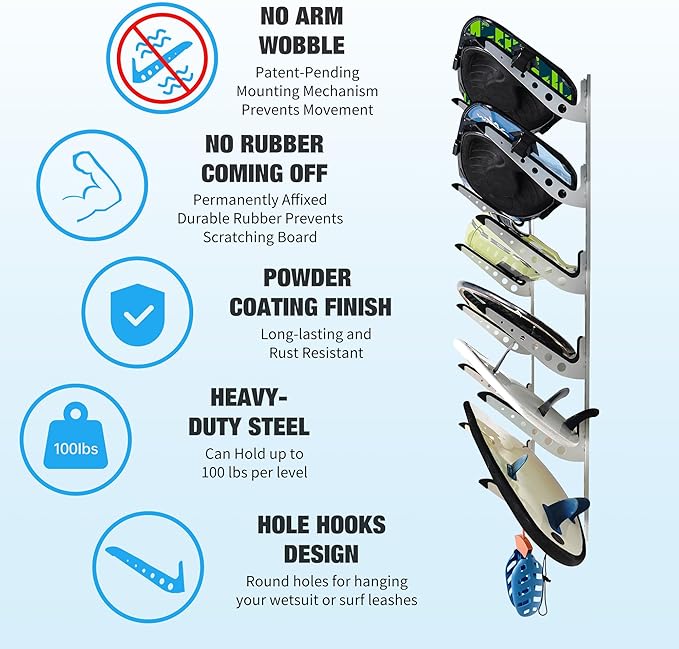 6 Board Surf Rack Wall Mount for Surfboard, Wakeboard, Snowboard Storage Adjustable Wall Hangers Boards Display