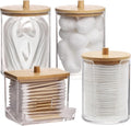 Tbestmax 4 Pack Qtip Holder Bathroom Container, 10/7oz Cotton Ball Cotton Swabs Pads Dispenser, Apothecary Jar with Bamboo Lids for Organizer and Storage (Beige)