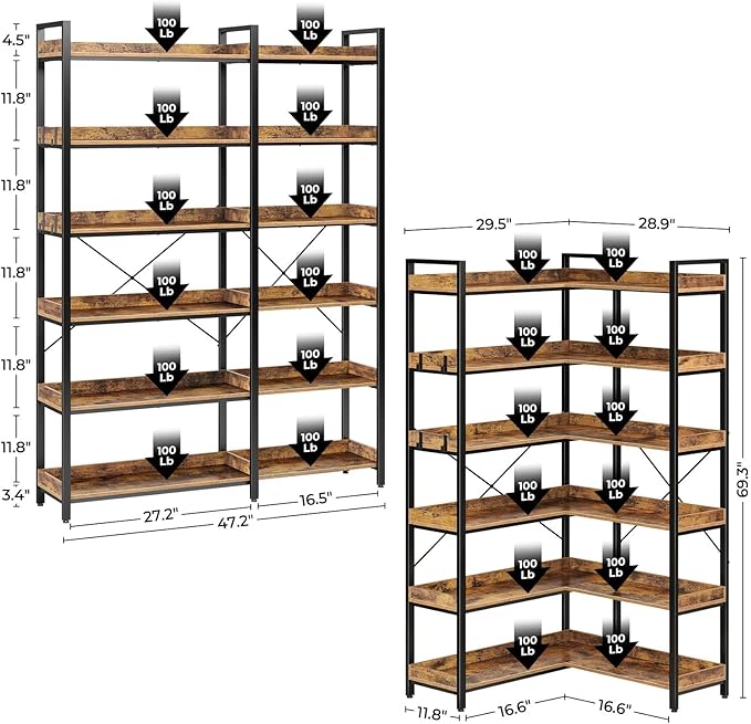 Rolanstar Bookshelf 6 Tier with 4 Hooks, Reversible Corner Bookshelf, 69" Industrial Wooden Bookcase with Open Shelves and Metal Frame for Living Room, Bedroom, Home Office, Rustic Brown
