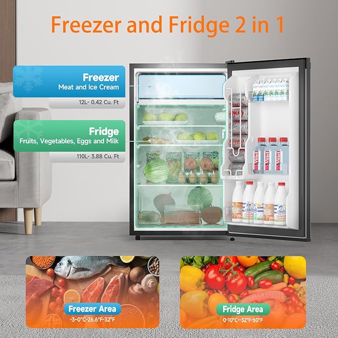 4.3 Cu.Ft Mini Fridge With Freezer, Single Door Mini Fridge w/7 Settings Temperature Adjustable, Mini Refrigerator for Apartment, Bedroom, Office, Dorm, Black