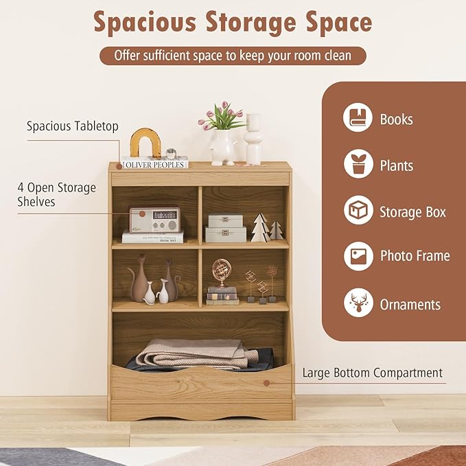 Storage Organizer, Small Bookcase w/ 4 Open Cubes & 1 Bottom Compartment, Anti-Tipping Device, Foot Pads, Low Cube Bookshelf for Bedroom, Living Room, Playroom, Study, Small Spaces (Natural)