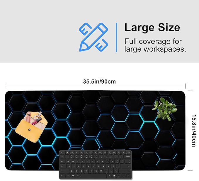 Gaming Mouse Pad – Large Extended Desk Mat35.43 x 15.75 in – Futuristic Black Honeycomb Design with Blue Glow, Non-Slip Base, Waterproof Surface, Keyboard & Mouse Pad for Gaming or Office