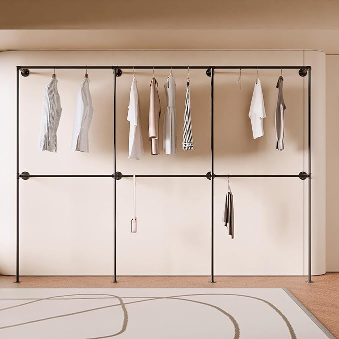 Industrial Pipe Clothing Rack, Heavy Duty Wall Mounted Clothes Rack,Retail Display Hanging Garment Rod for Laundry Rooms, Closet Storage, 14.6x110x82.7 Inches, Model K04