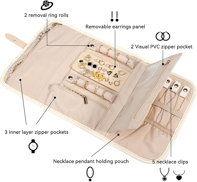 Voova Travel Jewelry Holder Organizer Case, Large Jewelry Storage Bag for Women Girls, Foldable Traveling Jewellery Pouch Roll for Necklaces Rings Earrings Bracelets, Apricot