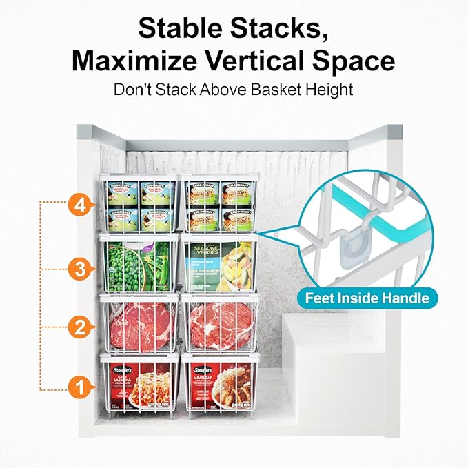 iSPECLE Freezer Organizer Bins - 6 Pack Small Stackable Deep Freezer Organizer Bins for 7 Cu.Ft Freezers Easy Get Bottom Foods without Digging, Chest Freezer Organizer Prevent Frozen Food Waste, White