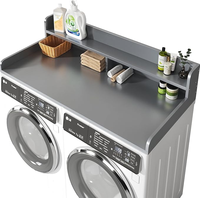2-Tier Washer and Dryer Countertop with 2.75" H Guard,54" W x 27.5" D Laundry Countertop Cover with Non-Slip Pad,Large Space Laundry Topper for Folding Clothes Over Washer and Dryer-Gray