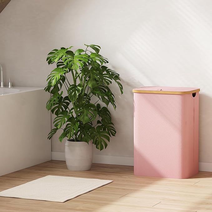Lifewit 80L Laundry Basket with Lid, Clothes Hampers for Laundry with Bamboo Handles and A Removable Bag, Large Foldable Laundry Hamper for Bedroom, Bathroom, Dorm, Laundry Room, Pink