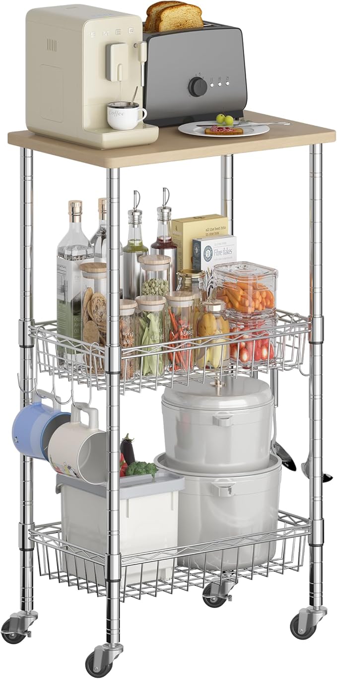 Homeiju Rolling Kitchen Storage Cart, 3-Tier Storage Rack on Caster Wheels with Adjustable 2 Baskets, Coffee Station Cart Rack Shelf Organizer for Living Room Office, Balcony, Chrome/Silver