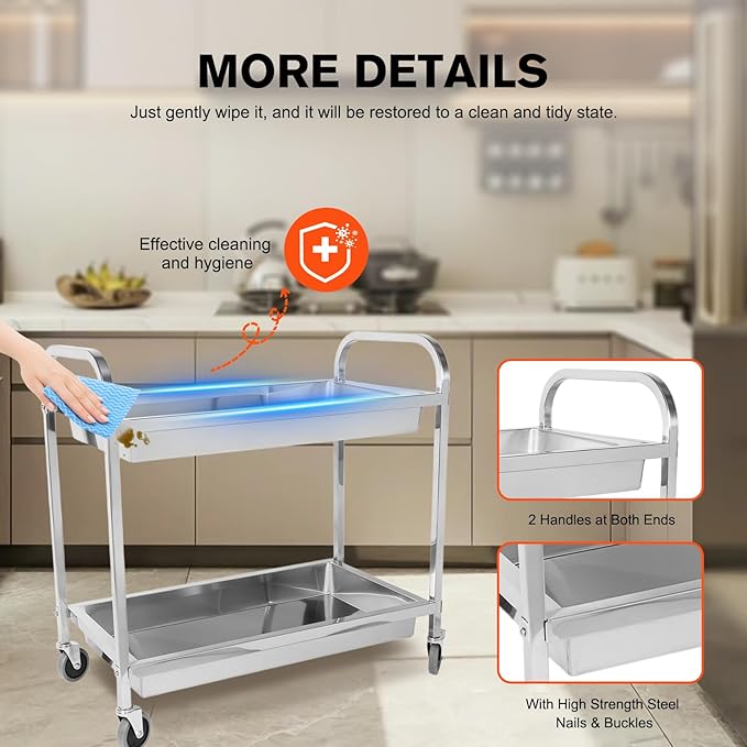 Stainless Steel Kitchen Cart with Lockable Wheels Food Storage Service Trolley Mobile Dining Car Trolley Dining Cart Kitchen Cart Utility Cart Metal Mobile Food Rolling Car 400lbs Capacity