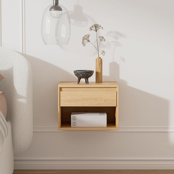 Mid Century Modern Floating Nightstand Set of 4, Wall Mounted End Table with Drawer and Open Compartment Wooden Bedside Night Stand Small Storage Cabinet for Bedroom, Natural Oak