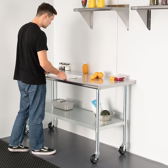 HARDURA Stainless Steel Table with Wheels 24 x 36 Inches Casters NSF Heavy Duty Commercial Work & Prep Table with Undershelf and Galvanized Legs for Restaurant Kitchen Bar and Hotel Garage
