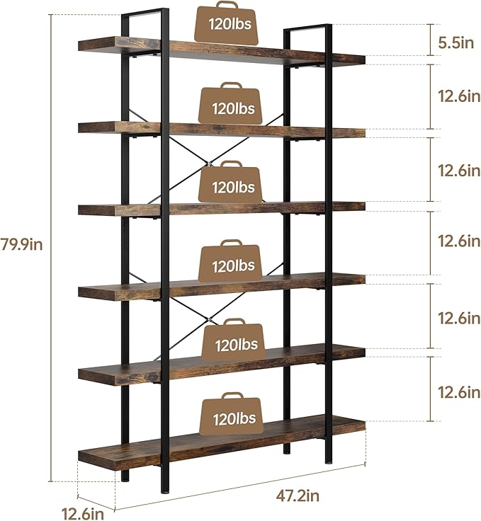 Bookshelf Set of 2, Heavy Duty 6-Tier Industrial Bookcase, 47" Wide Wood Bookshelf for Home Office, 120lbs Shelf Capacity, Rustic Open Display with Horizontal Shelf for Living Room Bedroom