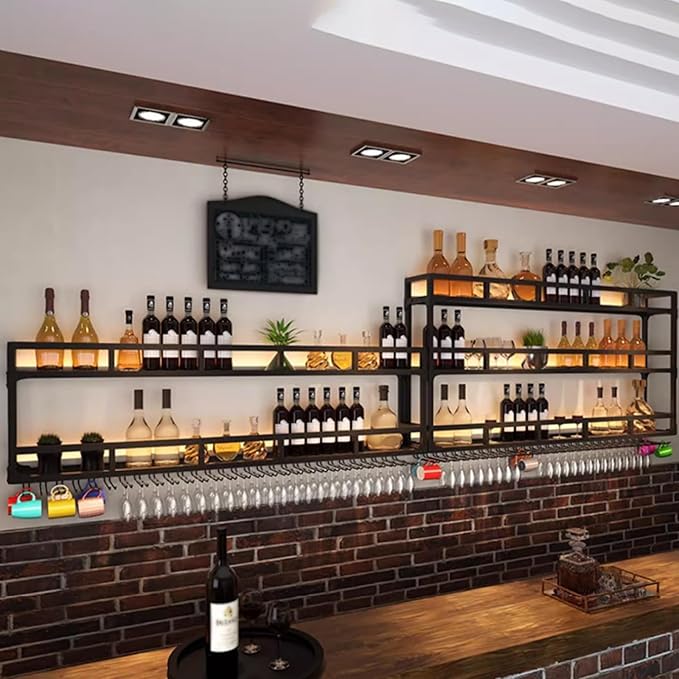 Wall Mounted Wine Rack, Wine Rack Wall Mounted with Wine Glass Rack, Metal Bar Bottle Display Shelf Wine Cups Hanging Holder, for Home Bar Cafe Dining Room Decoration (BLACK, 47.2*10*35.5IN)