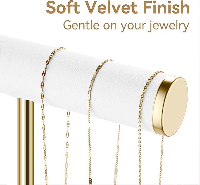 Bracelet Holder Jewelry Organizer Display - 3 Tier T Bar Velvet Stand, White Necklace Holder Organizer, Bracelet Holder, Earring Holder and Ring Display for Jewelry Organizers and Storage