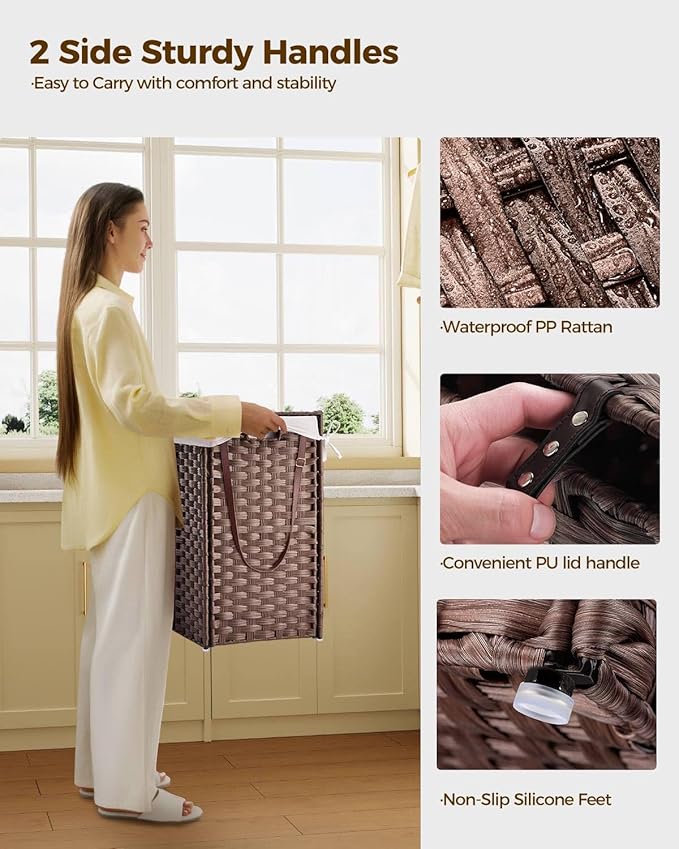 Greenstell Laundry Hamper with Wheels, No Install Needed, 90L Divided Handwoven Hampers & 2 Removable Liner Bags, Synthetic Rattan Clothes Laundry Basket with Lid & Handles, Foldable Hampers Brown