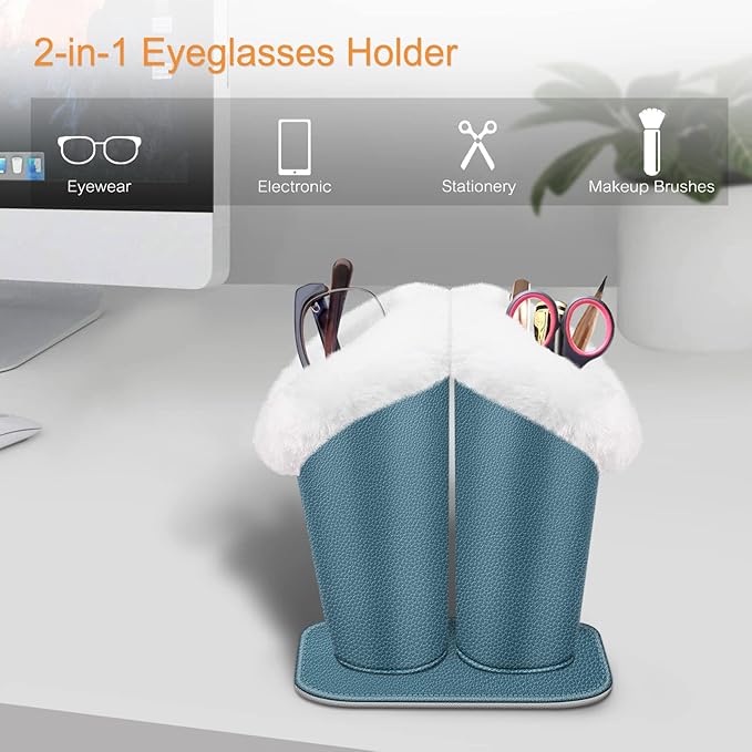 Fintie Plush Lined Double Eyeglasses Holder with Magnetic Base, Glasses Stand Case Organizer for Desk, Nightstand, Office, Ocean Blue
