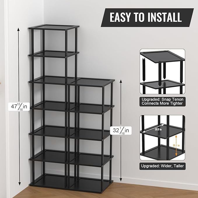 Bamboo Free Standing Shoe Rack Shelf Multi Tier Tall Wooden Stackable Shoes Rack Organizer for Closet Front Door Entrance Narrow Vertical Shoe Storage Rack for Corner Stand (Black, 12 Tiers)