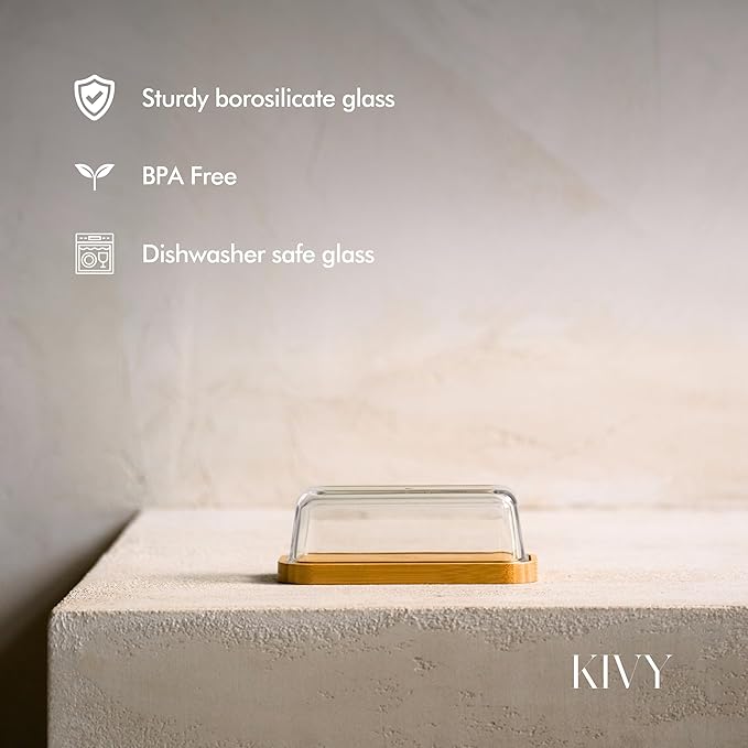 KIVY Butter Dish (Black Marble & Glass) - For countertop and refrigerator door shelf - Marble butter keeper - Stone butter dish - Glass butter dish with lid - Dishwasher Safe