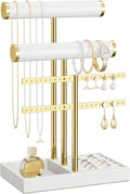 3 Tier Bracelet Holder Display - White Leather Bracelet Holder, Detachable T Bar Jewelry Holder Organizer for Bracelet, Necklace, Earrings, Rings, Watches, Bangle